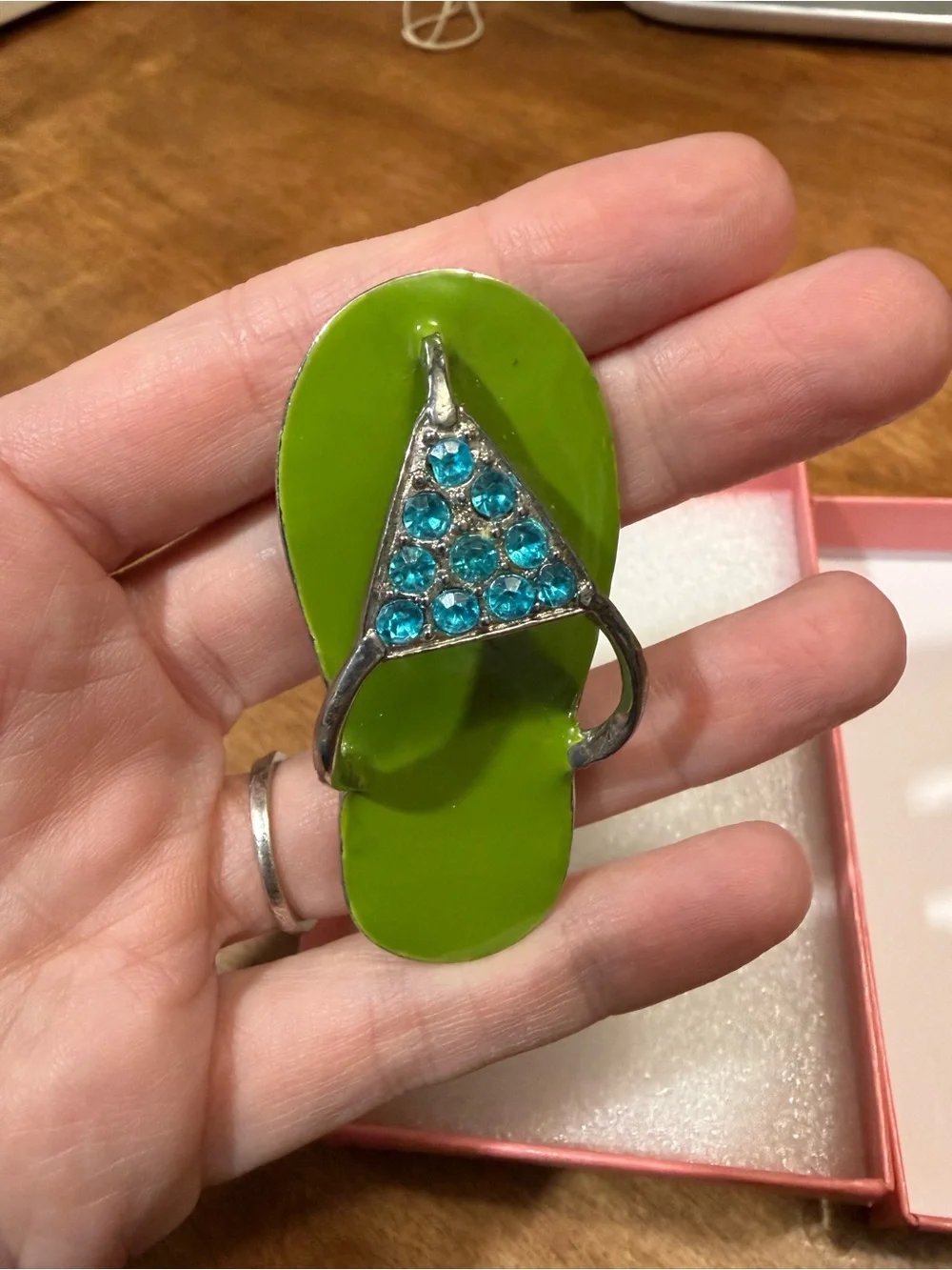 Vintage Green Flip Flop Brooch with Blue Crystal Accents - Picture 2 of 4